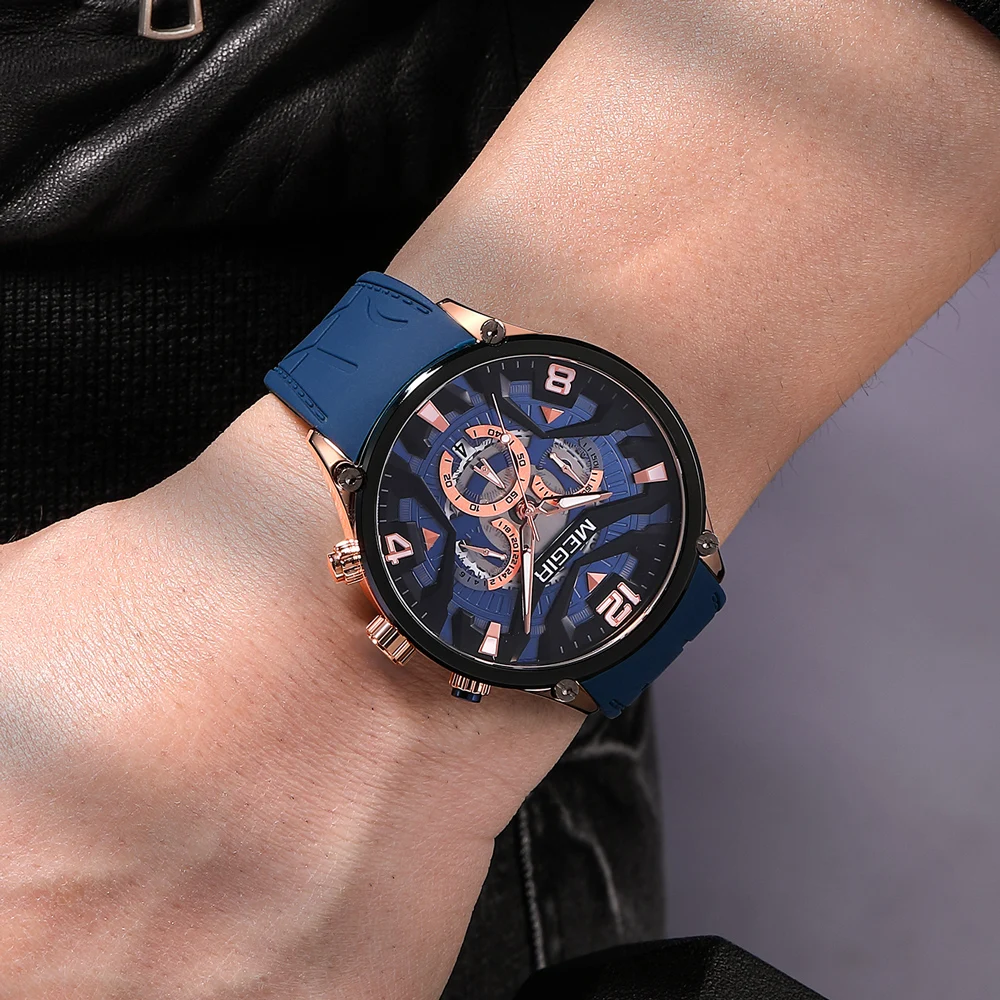 MEGIR Military Sport Quartz Watch Men Navy Blue Silicone Belt Waterproof Male Wristwatch with Date Chronograph Luminous Hands