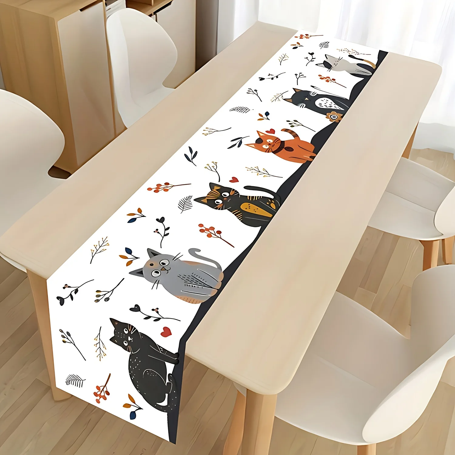 Christmas Cat Table Runner for Kitchen Dining Decor, Farmhouse Party, Seasonal Winter Holiday Home Decoration