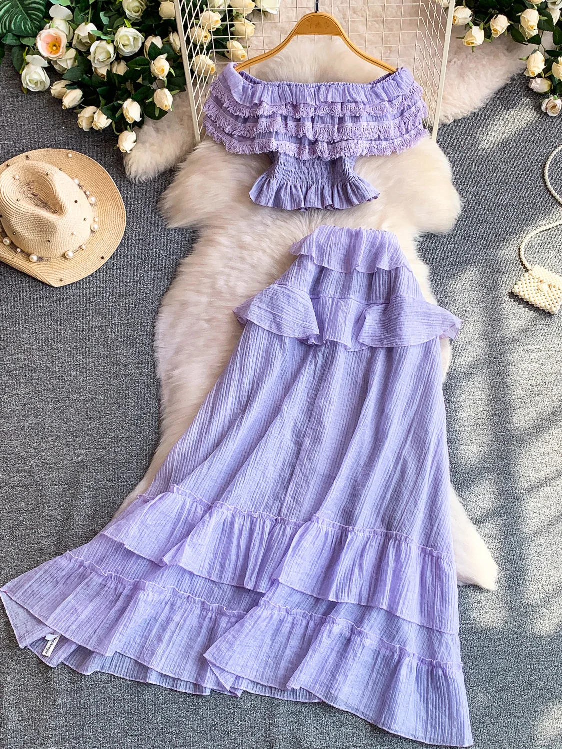 

Romantic Purple Tassel Hem One Shoulder Dress High Waist Long Skirt Two Piece Set Holiday Style Women's Fashion Summer Outfit
