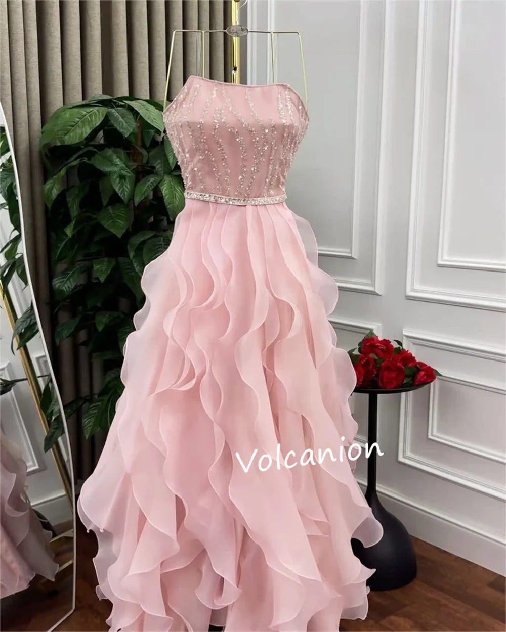 Длинные платья трапециевидной формы без бретелек с рюшами из органзы по индивидуальному заказу, торжественный вечер, изысканный блеск