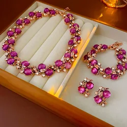 1/3 Pcs Vintage Purple Red Rhinestone Necklace Earrings Bracelet Exquisite Jewelry Sets Leaf Flower Metal Necklace for Women K-