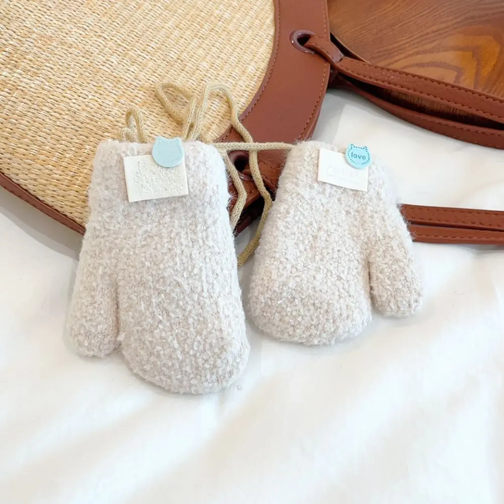 Warm Winter Toddler Mittens Thickened Fleece Gloves For Infants Hanging String Design Soft Knitted Thermal Hand Cover Cute Style