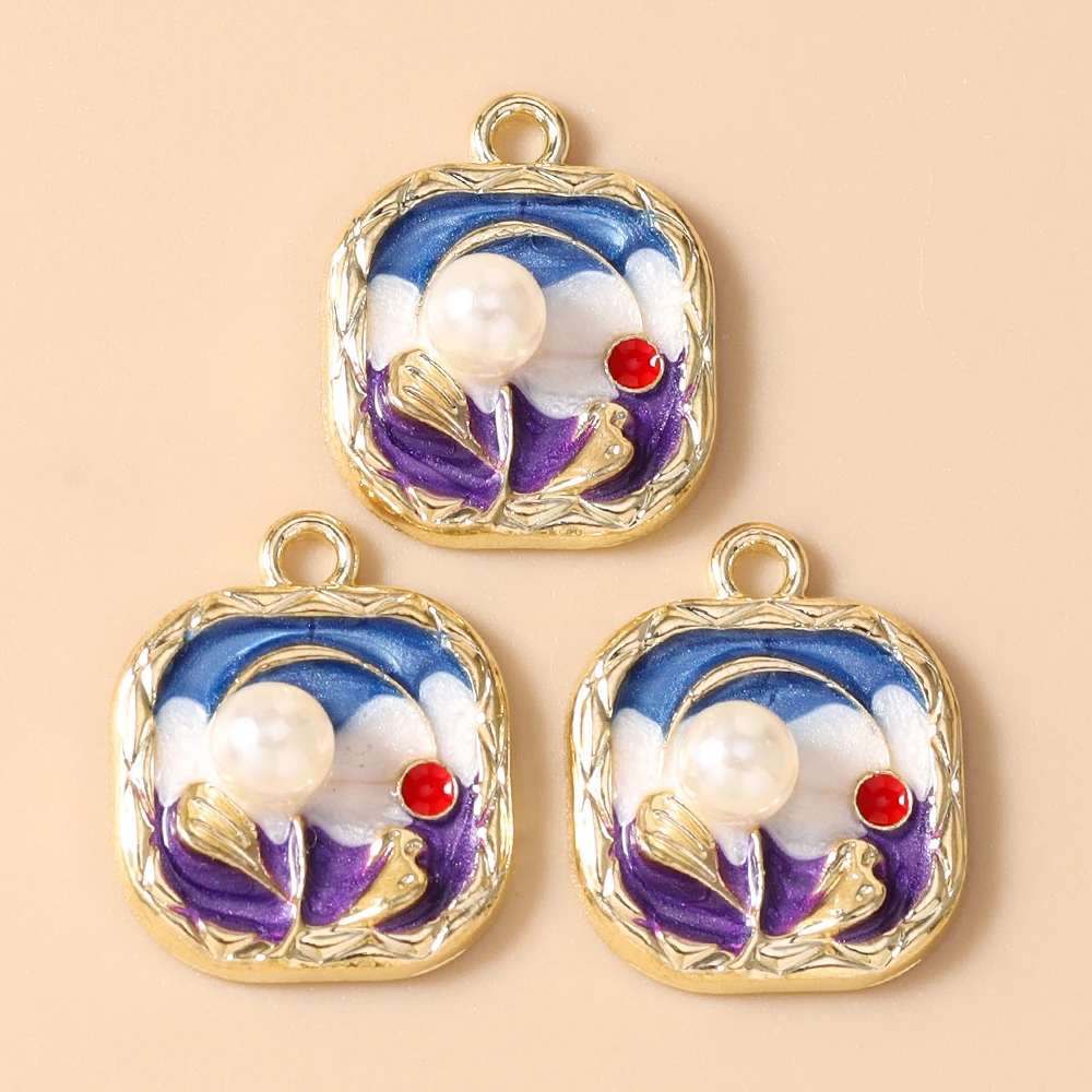Leslie 10 Stück Retro Goldfarbene Ölgemälde-Perlenblumen-Anhänger für DIY Ohrringe, Halsketten, Handgemachter Schmuckherstellung – Detail 7