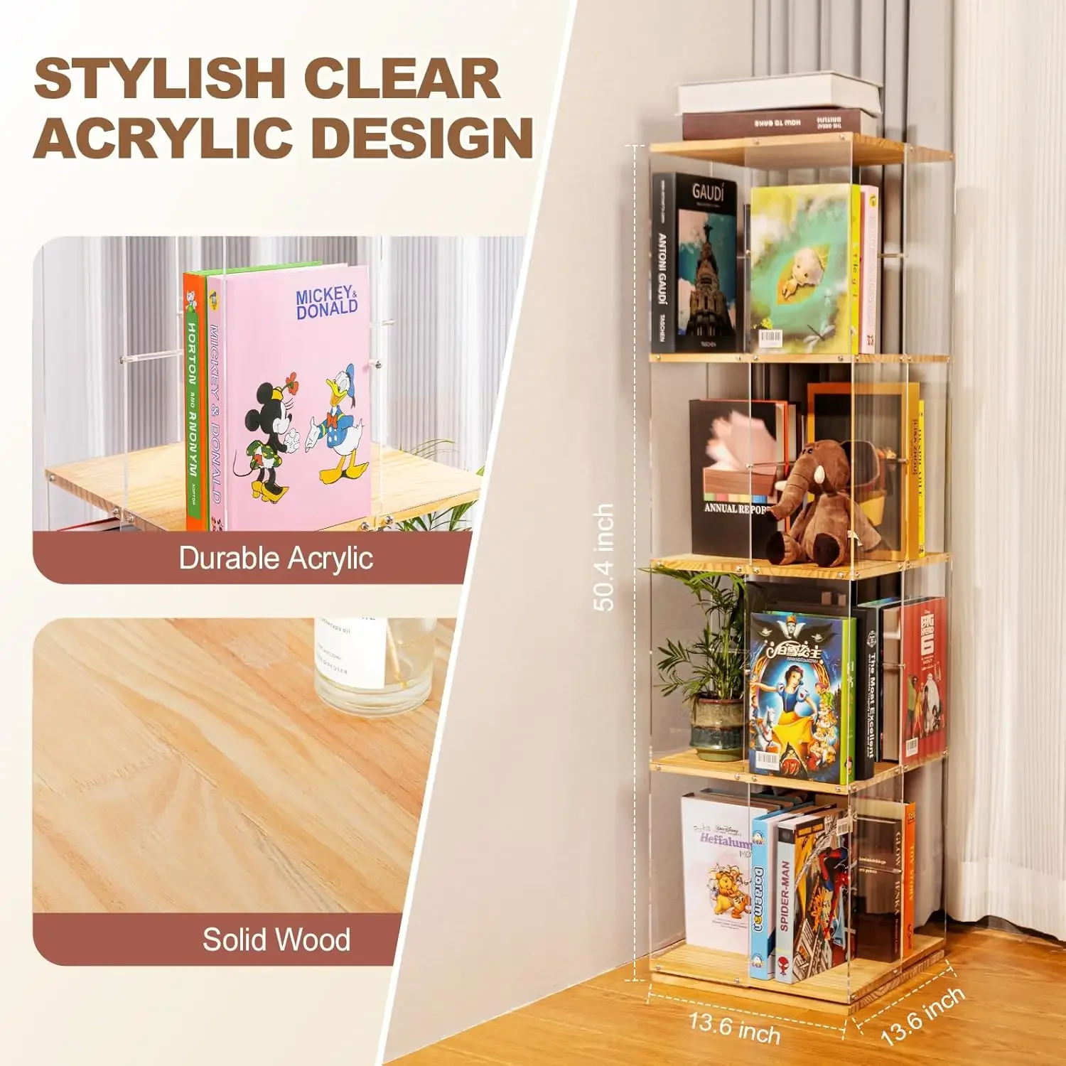 Bookshelf, 360 Degree Revolving Bookcase, 4-Tier Spinning Bookshelf, Clear Acrylic & Solid Wood Rotating Bookcase for K