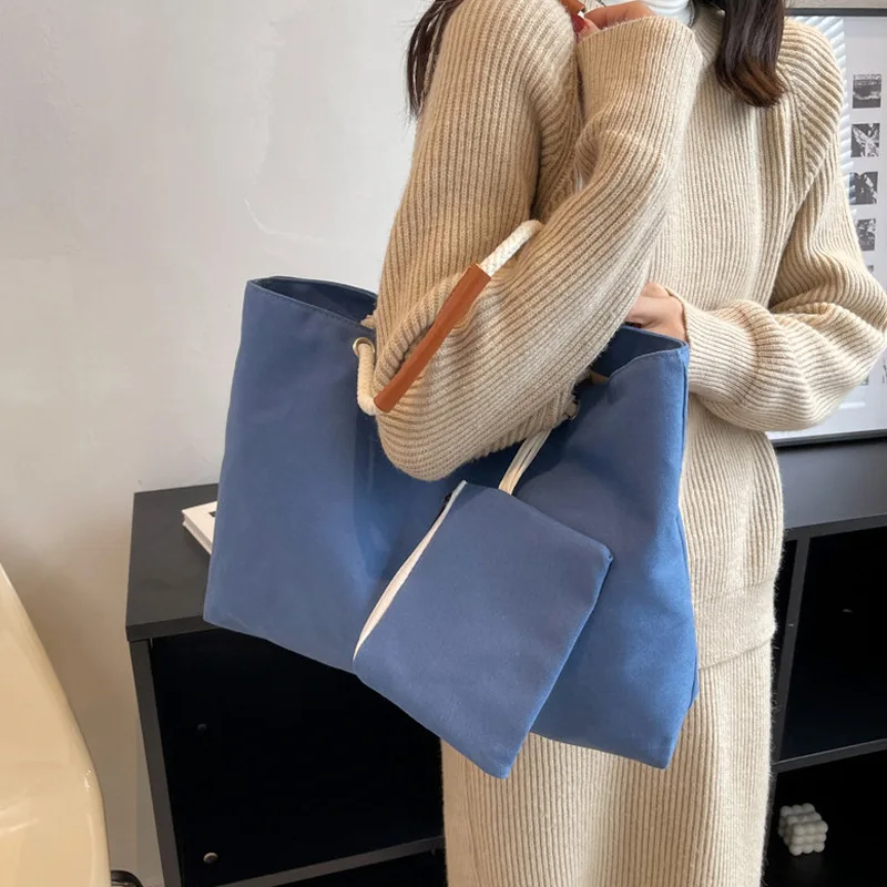 New Tote Simple and Versatile Large Capacity Women's Design Sense Street Fashion Hemp Rope Handheld One Shoulder Canvas Bag