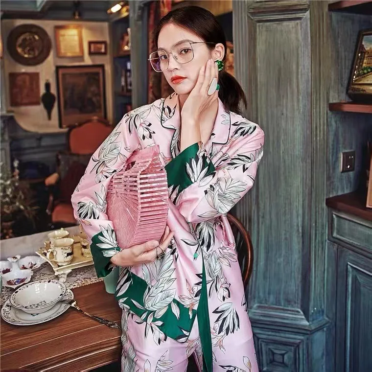 2024 Pijama Flower Print Women\'s Pajama Sets V-Neck Stretch Satin Sexy Lingerie Sleepwear Pajamas Home Wear Nightwear Clothing