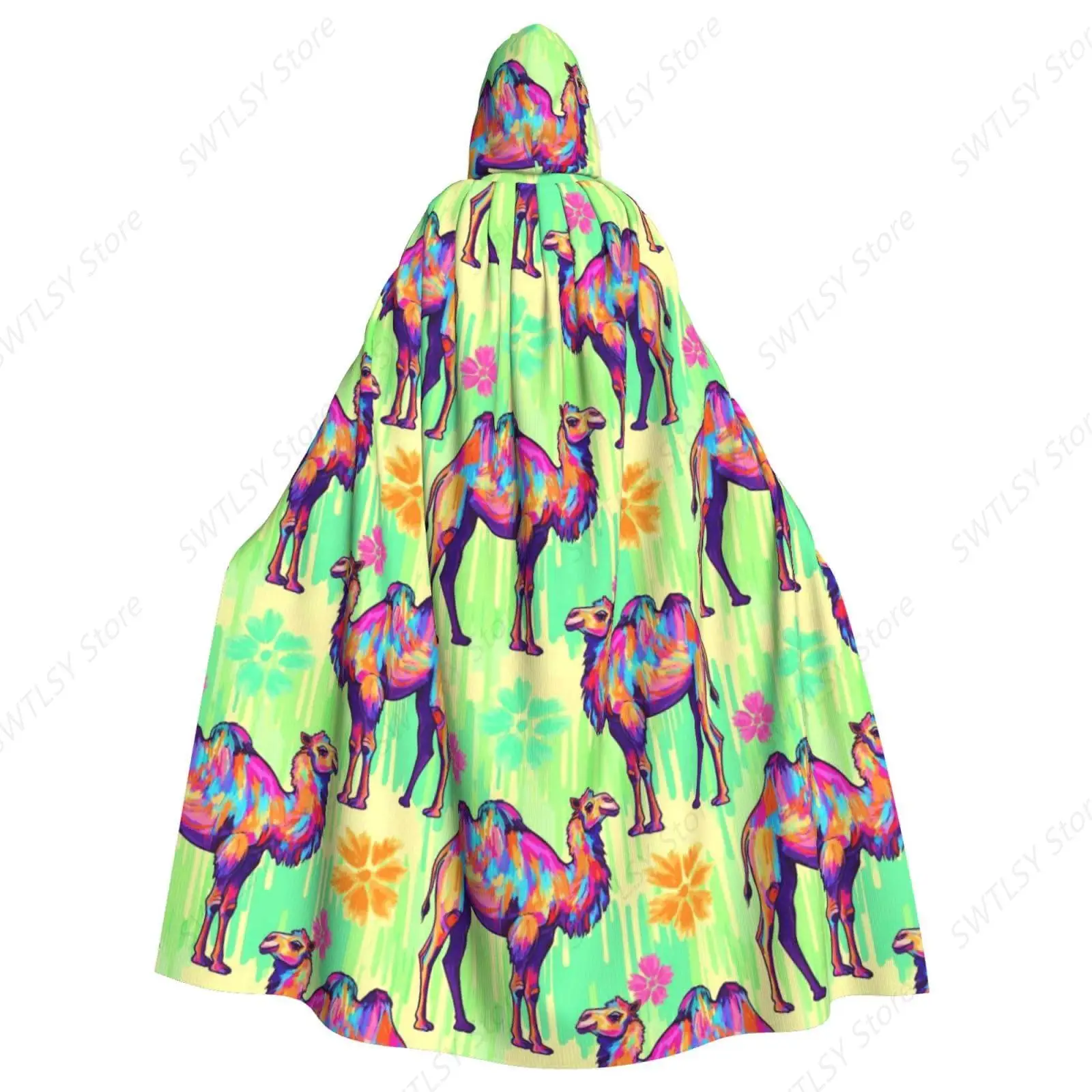 Hooded Halloween Costumes Compatible with Llama Alpaca Camels Watercolor Painting, Women Men Hooded Cloak Robe for Cosplay Party