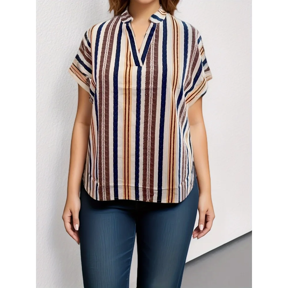 

Plus Size1XL-5XL New Fashion Women's Striped Notched V-neck Shirt Casual Outdoor Tee Shirt Breathable Tops