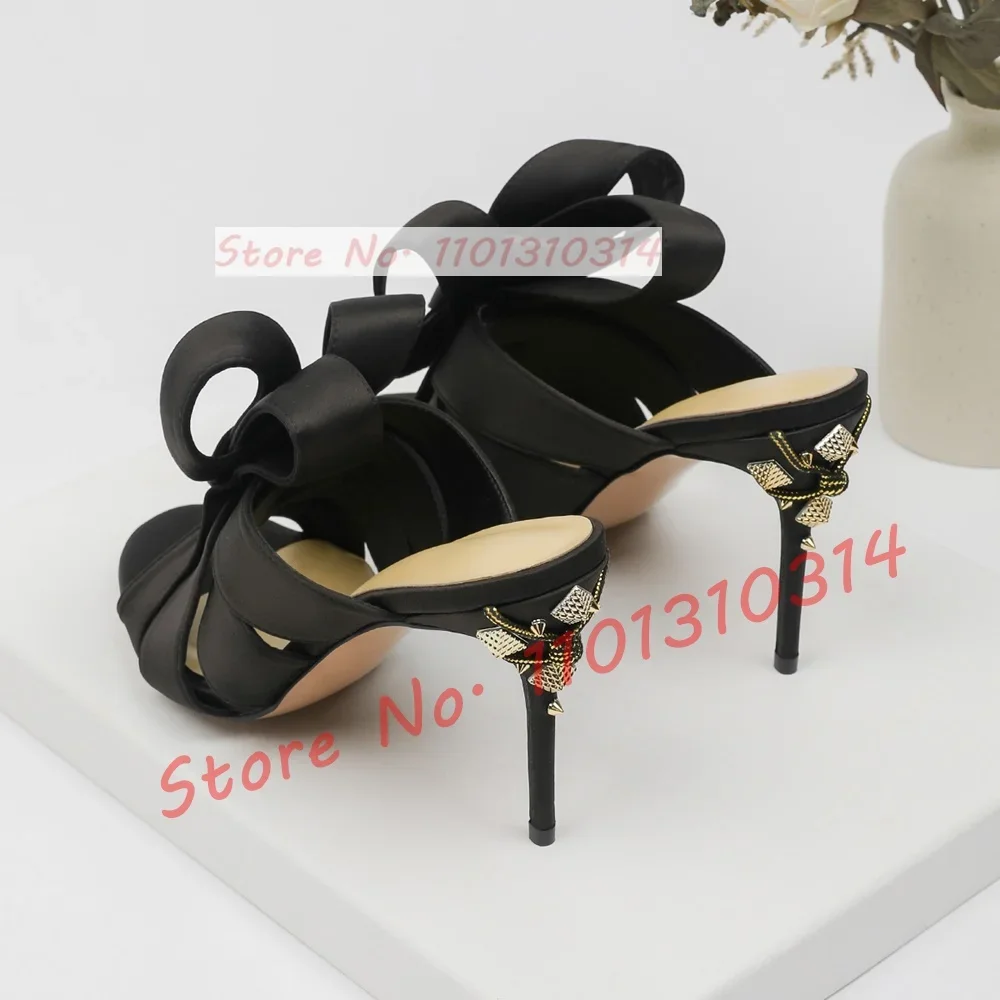 Red Ribbon Knotted Mules High Heels Women Chic Open Toe Gold Rivet Embellished Satin Slippers Female Outdoor Foldover Shoes