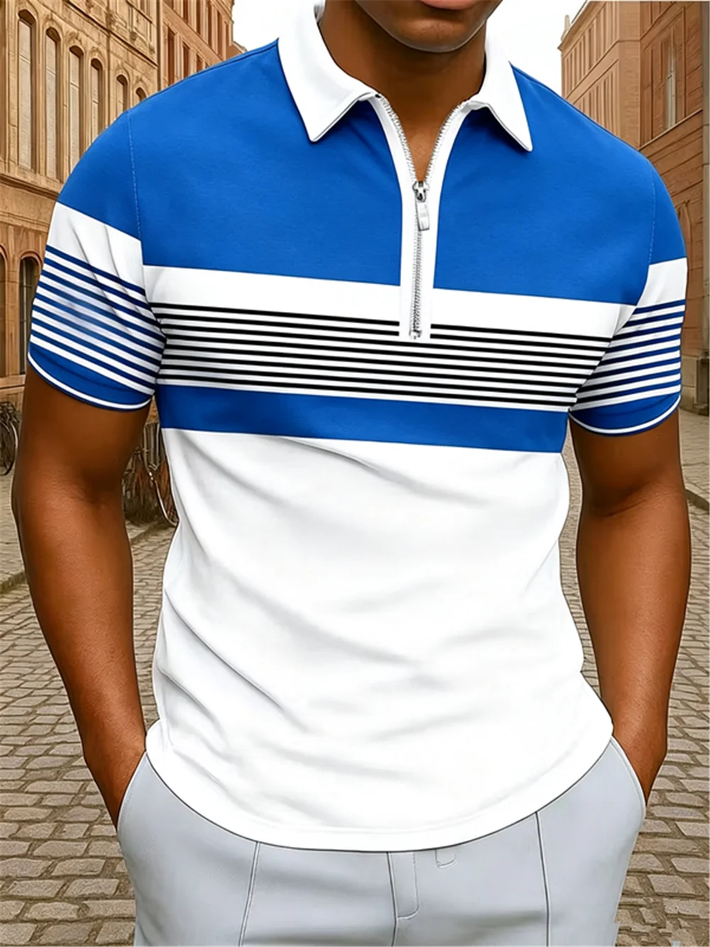 Fashion Striped Men's Polos T-Shirts Summer Short Sleeve 3D Printed Zippers Street Simple POLO Tee 6XL Plus Size Casual Tops