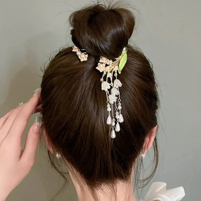 

Women Girl Sweet Chinese Style Flower Pearl Tassel Alloy High Ponytail Hair Clip Lady New Headwear Hair Claw Hair Accessories