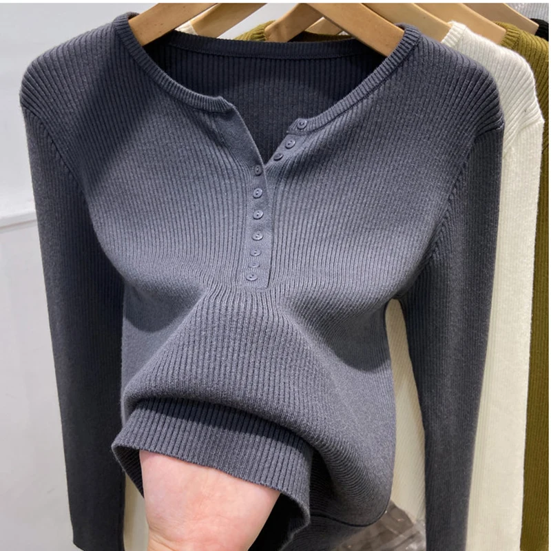 

Autumn Winter Sexy V-Neck Stretch Knitted Tops For Women Long Sleeved Slim Bottoming Sweater Clothing