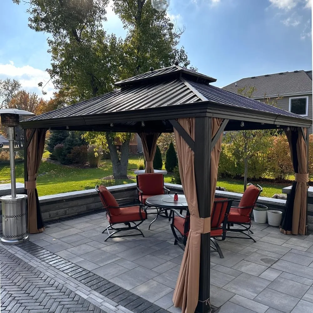 

10' X 12' Hardtop Gazebo Canopy for Patio Deck Backyard Heavy Duty Outside Sunshade with Netting and Curtains Metal Pavilion