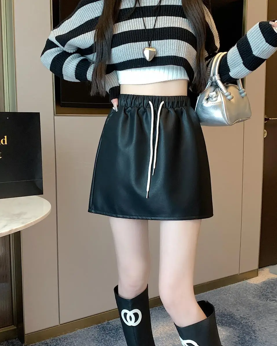 High Waist Slim Hips Solid Color PU Leather Skirt Casual Drawstring