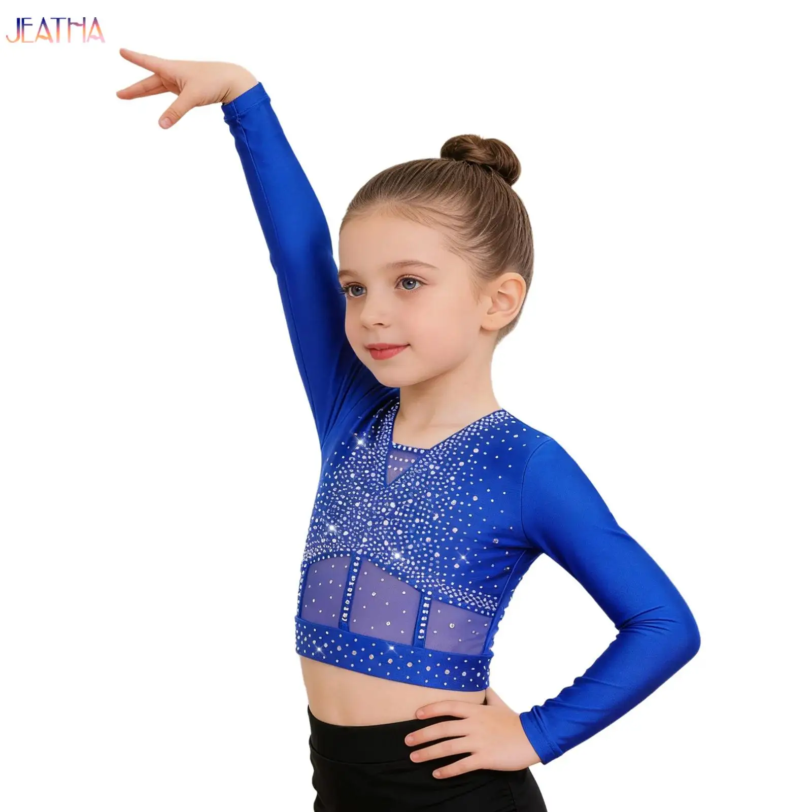 

Girl Latin Belly Dance Crop Tops Figure Skating Shirts Long Sleeve Rhinestones Top for Modern Dance Practice Performance Costume