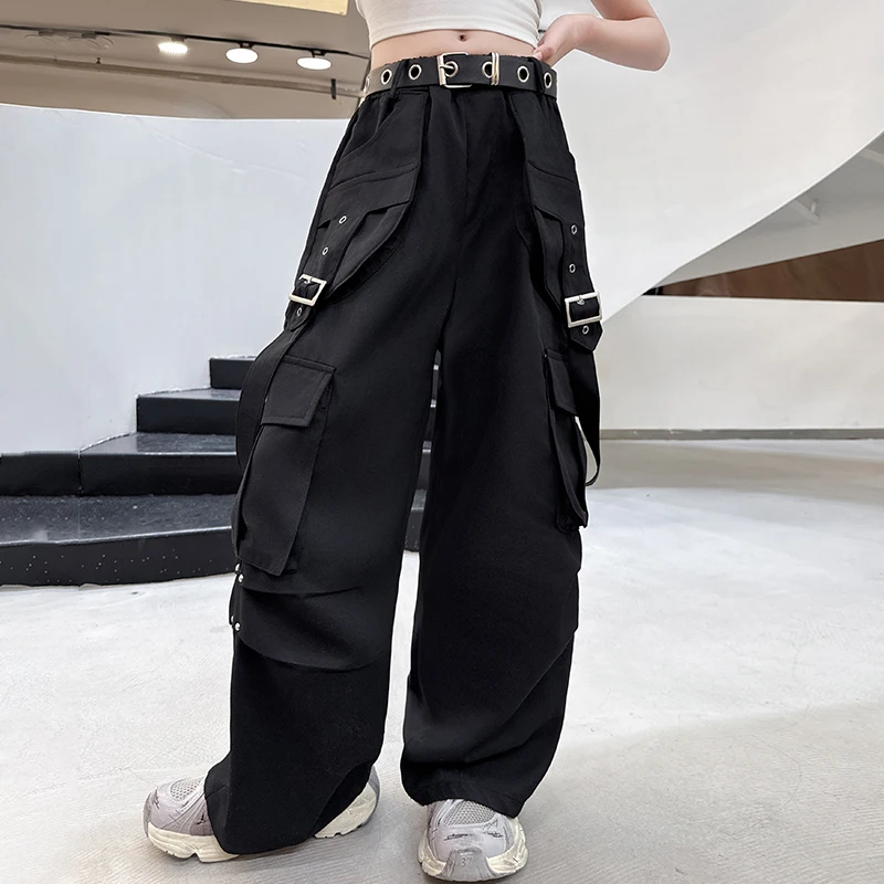 

Детские уличные спортивные штаны y2k, модный дизайн, танцевальные штаны в стиле хип-хоп для девочек с поясом, детские черные брюки-карго в стиле хип-хоп для подростков