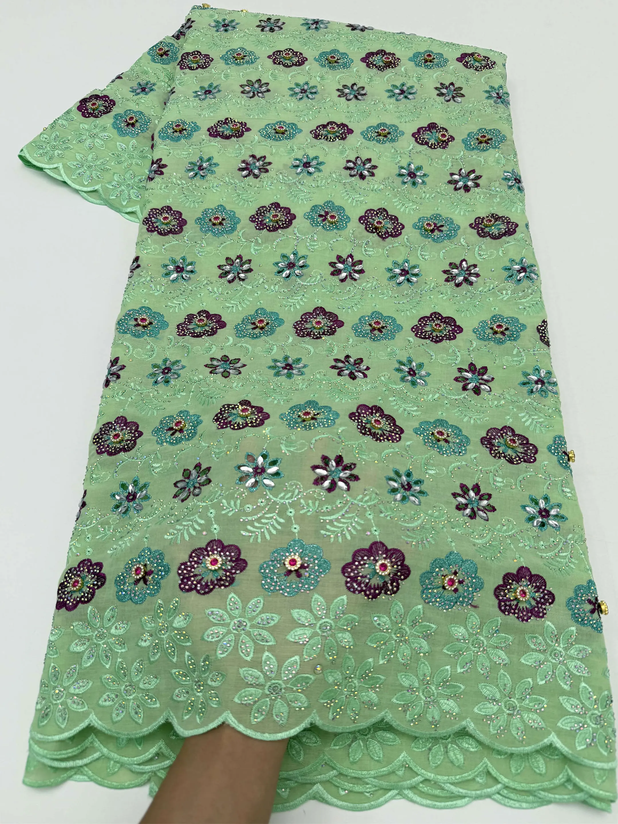 Cotton Swiss Voile Lace Embroidered Fabric Latest 2026 Nigerian Lace Fabric with Stones Sew Party Dresses For Women,5 yards