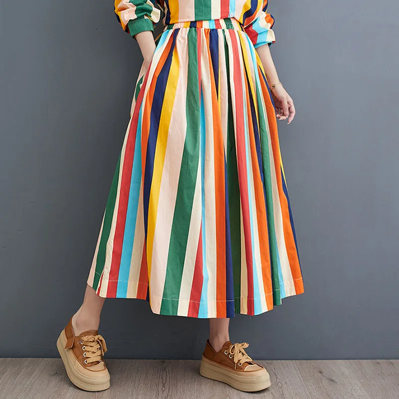 Autumn New Fashion Casual Women\'s Skirt Sets Striped Irregular Long Sleeve Shirt Long Skirt Two Piece Set Women Spring 2024