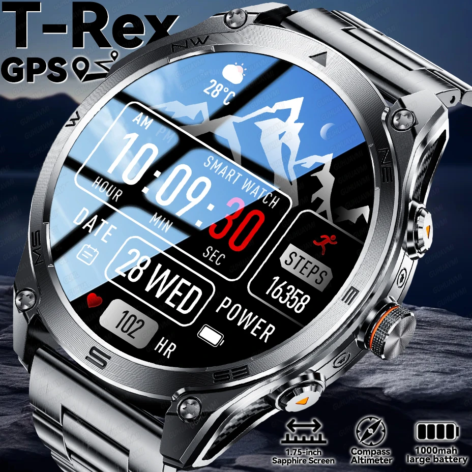 

2025New Military Zinc Alloy Bezel T-Rex 3 GPS Smart Watches 1.75'' AMOLED Compass LED Flashlight 10ATM Outdoor Sports Smartwatch