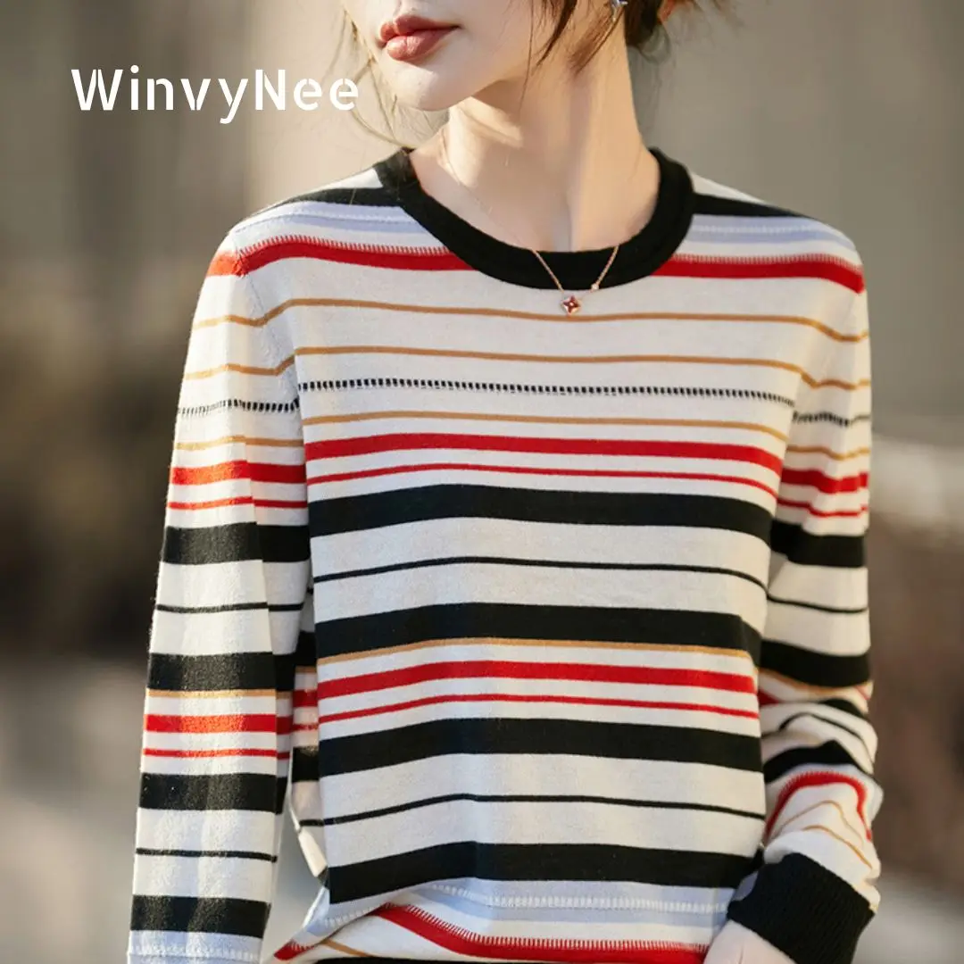 

WinvyNee Women's Spring Fashion Fine Wool Top Color Block Stripe Crew Neck Long Sleeve Stylish Design Knitted Pullover ZA1497003