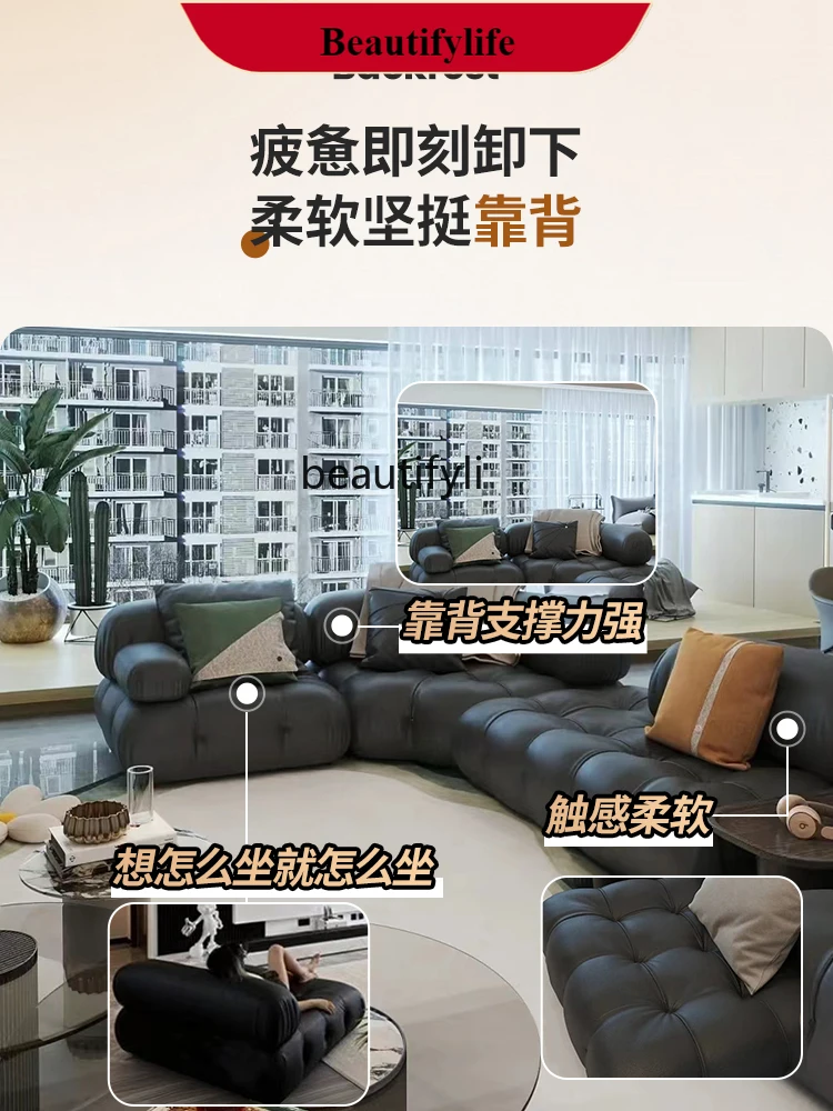 S132 Microfiber Leather Sofa Premium Black Module Italian Leather Living Room Leather Art Sofa