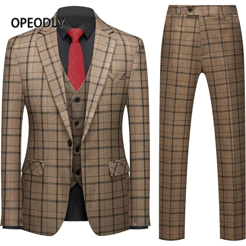 

OPEODLY Men 3 Piece Plaid Suit Set Blazer Vest Pants for Wedding Prom Business Formal Work Office Party