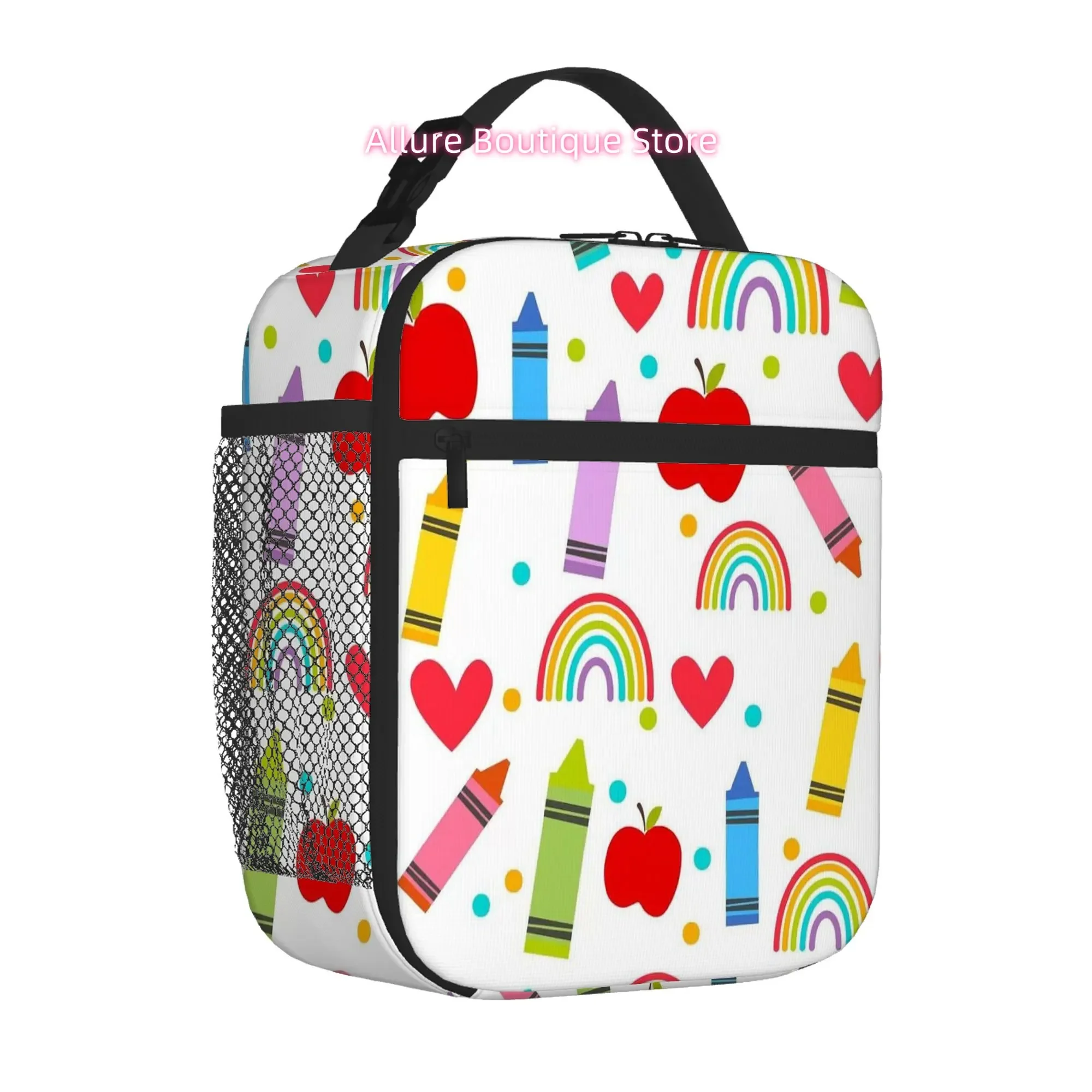 1pc Rainbow Crayons & Apple Hearts Printed Insulated Thermal Bag - Reusable, Portable, No-Food Contact, Ideal for Home, Office,