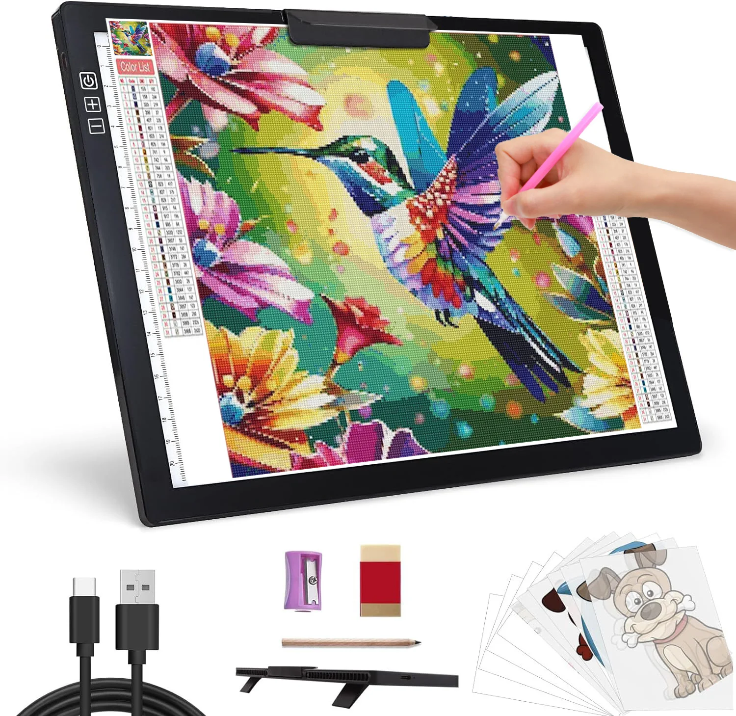 A4 Rechargeable Art Tracing Light Pad, LED Drawing Board with Foldable Tilt Stand & Multi-Level Brightness for Diamond Painting