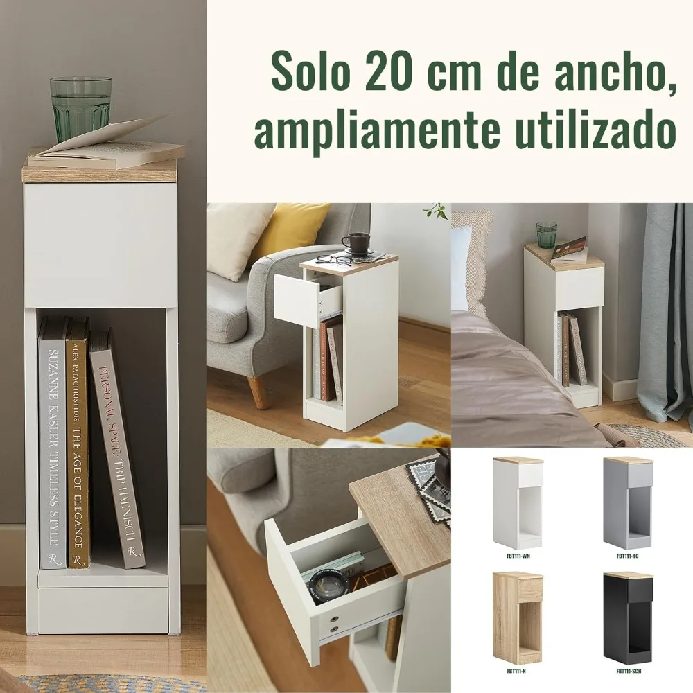 مجموعة 2 Mesita Noche Estrecha con cajón y Estante Mesa Auxiliar mesilla Noche para Dormitorio y Sala Estar Blanco Anc #5