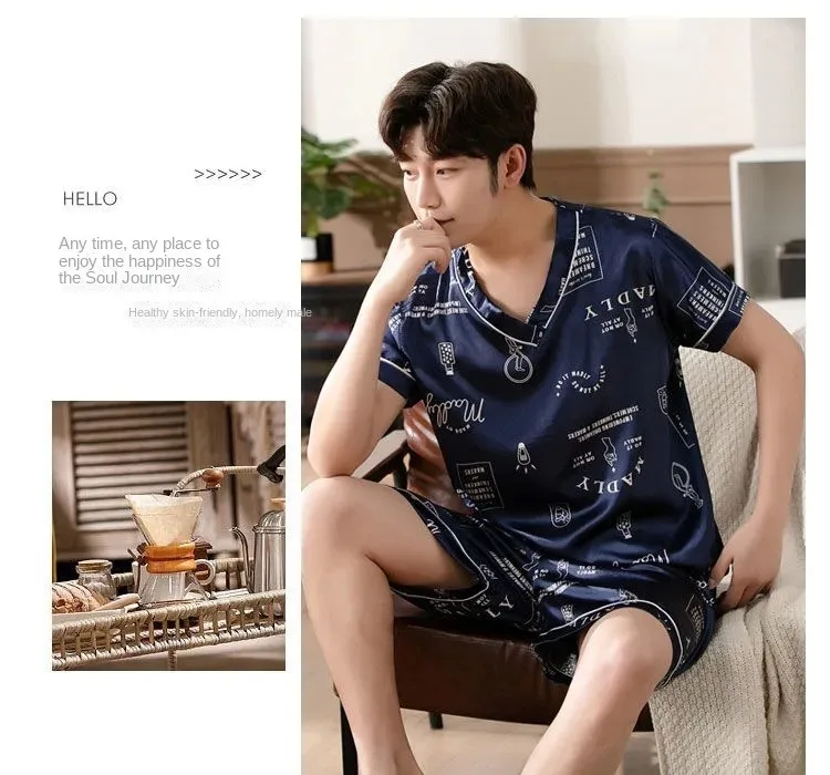 Pyjama Männer Eis Seide Kurzarm Student Homewear zweiteiliges Set von leicht zu reinigenden Kurzarm Shorts Nachtwäsche Lounge wear – Detail 4