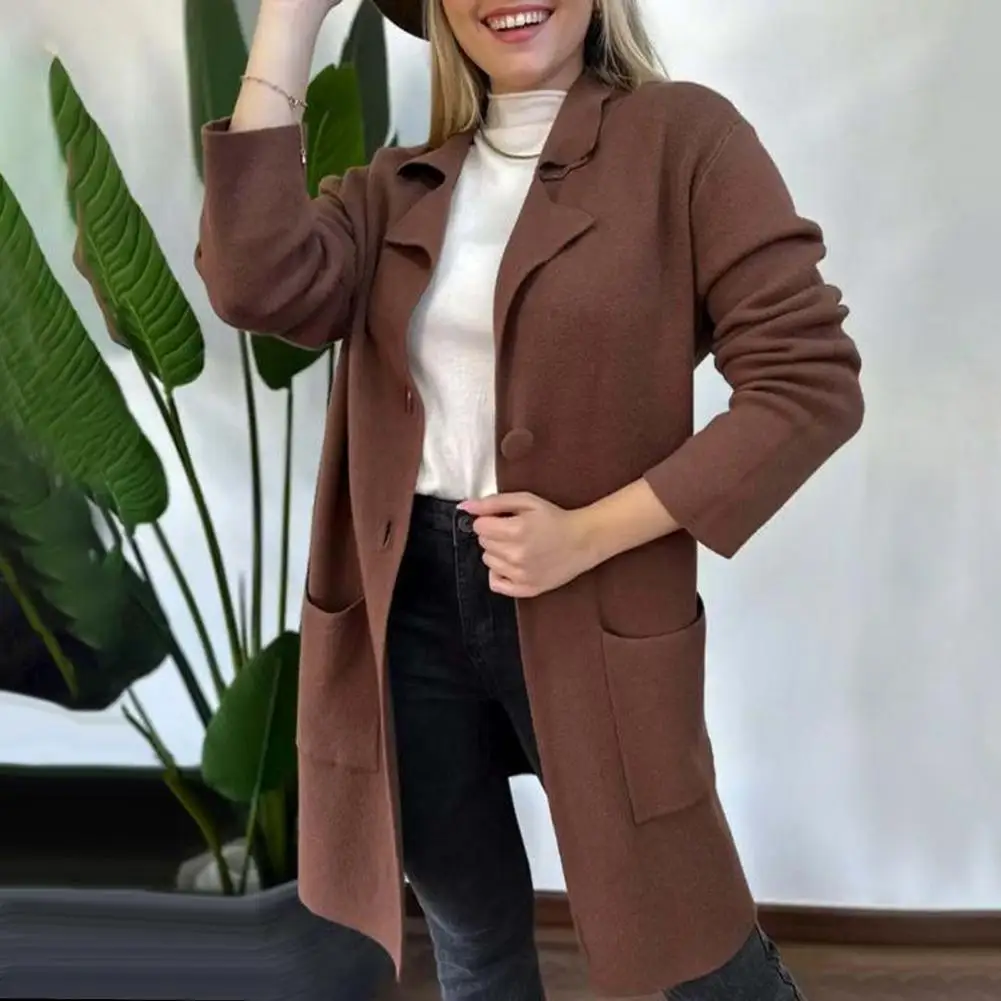 Women Jacket Lapel Button Coat Mid Length Loose Thermal Commuting Dating Spring Fall Winter Overcoat Feminine Charm Jacket