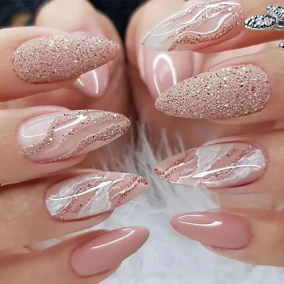 24 pzas Uñas postizas largas francesas con brillantina, incluye 1 pegamento de gel y 1 lima