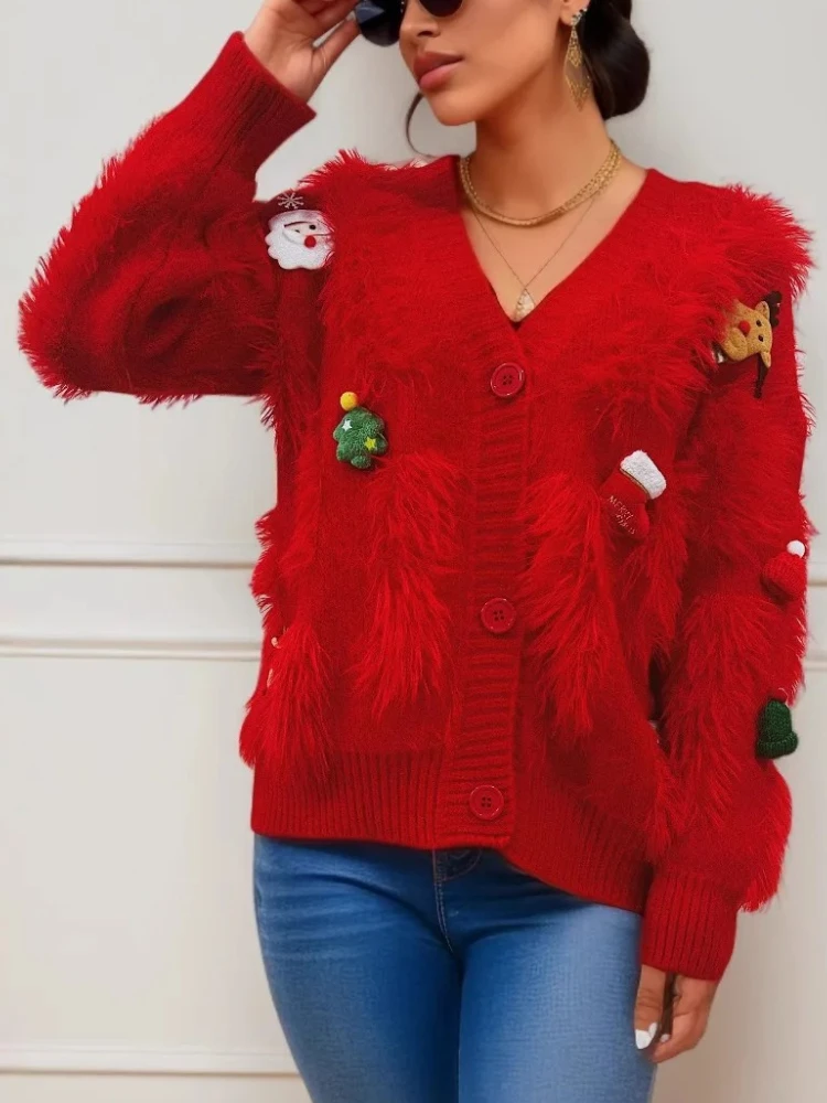 

Autumn Winter New Christmas V-neck Sweater for Women Fashionable Elegant Loose Fitting Single Breasted Cardigan Jacket for Women