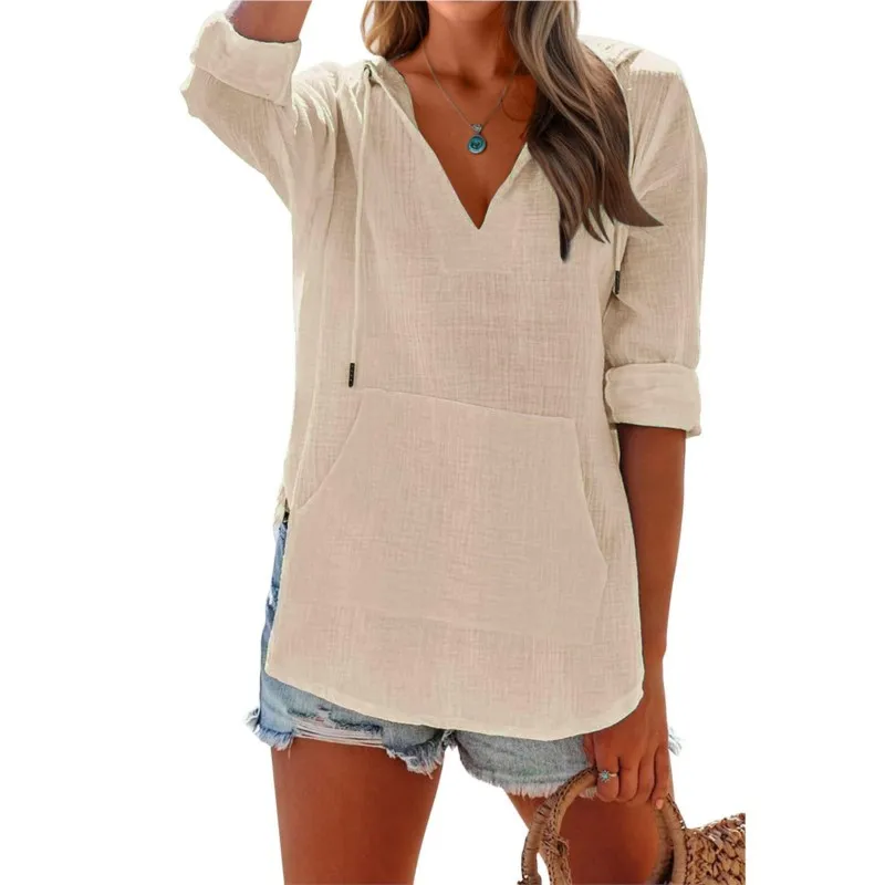 여름 긴팔 캐주얼 후드 셔츠 & 블라우스 여성 단색 드로스트링 큰 포켓 루즈 블라우스 탑 2025 가을 신상
