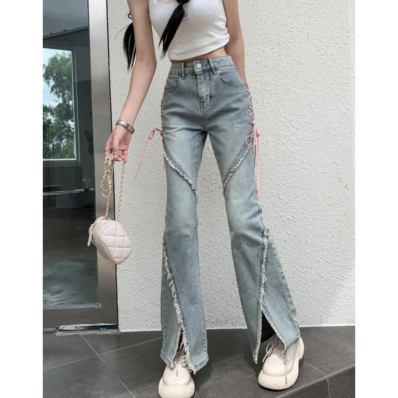 

Blue Jeans Women Vintage Drawstring Baggy Pants American Chic Streetwear Fashion Y2K Style Denim 2023 Summer Wide Leg Trouser