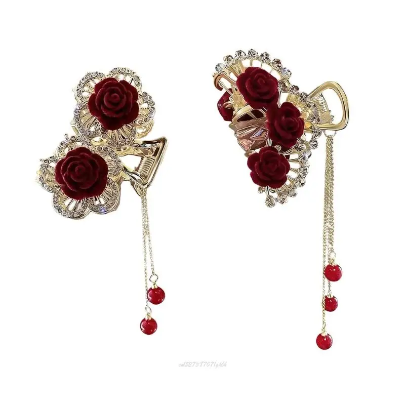 

X5XA Элегантная красная флокированная заколка для волос в виде розы с металлической основой и стильными кисточками для женщин и