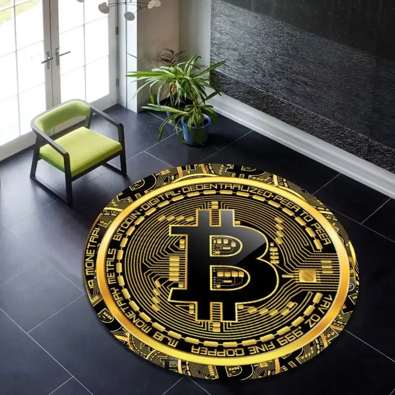 Bitcoin Round Carpet Anti-Slip Circle Area Rug Large for Home Living Room Floor Mat Bedroom Decor Chair Drum Rug Chair Doormat
