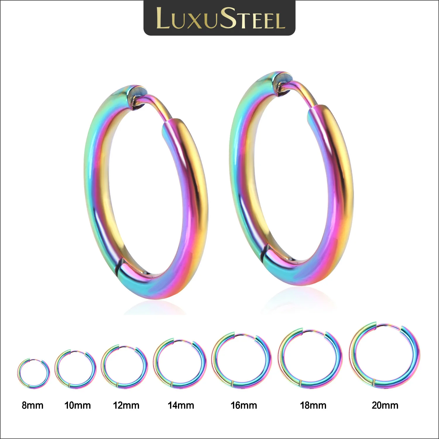 LUXUSTEEL 8/10/12/14/16/18/20mm Colorful Huggie Hoops Earrings Clip For Women Men Unisex Cartilage Piercing Wholesale 2pcs