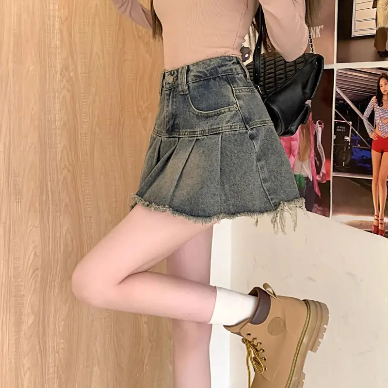 DEEPTOWN Vintage Pleated Denim Skirt Women Korean Fashion High Waist Patchwork Distressed Sexy Mini Jeans Skirt 2024 Summer