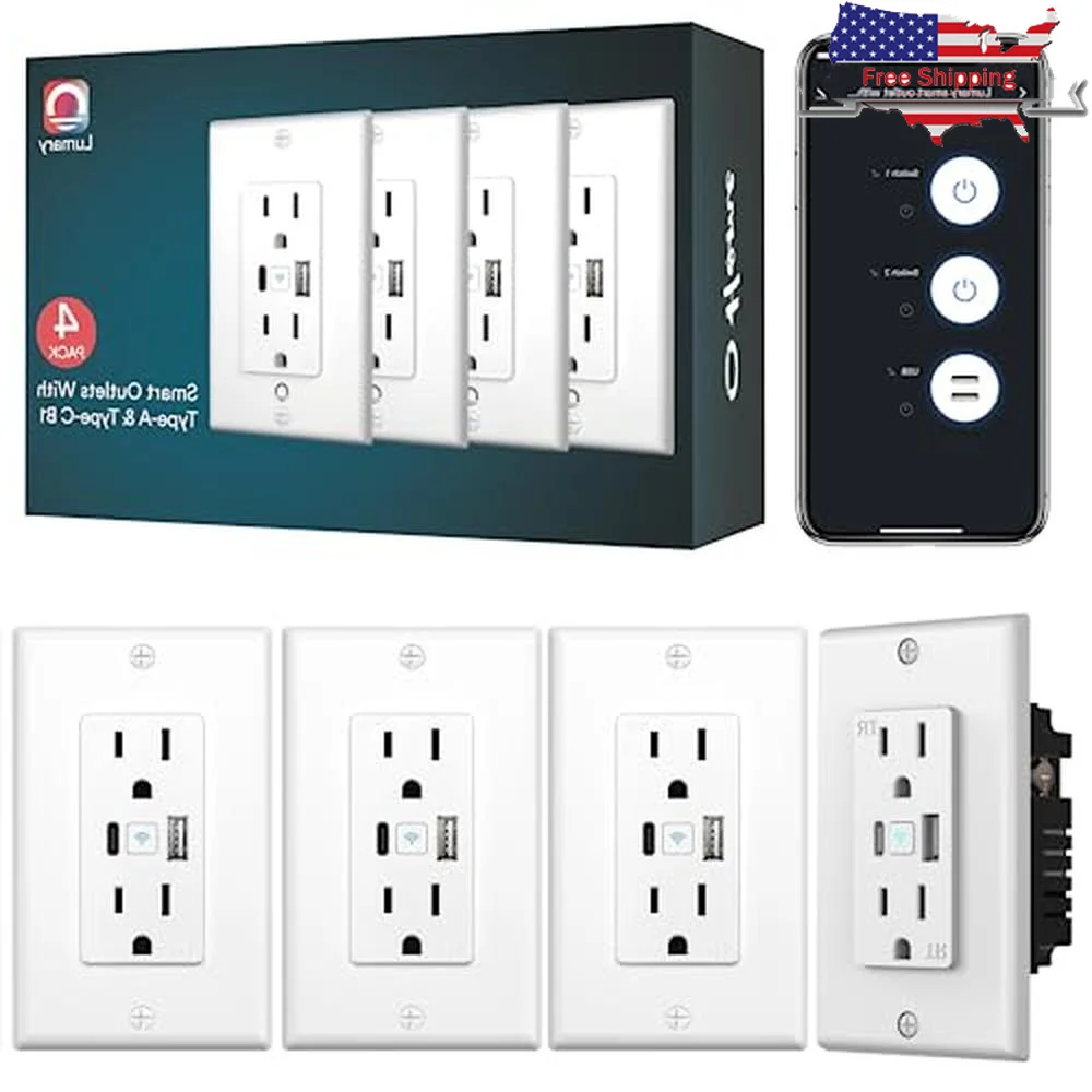 Smart in Wall Outlet with Type C & USB Charger Ports Voice Control 2.4GHz Wi-Fi Remote App Control Tamper Resistant Safety