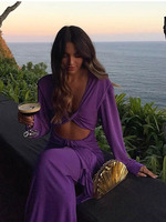 Purple Hollow Out Slim Maxi Dress Women Elegant Deep V Neck Cross Pleated Full Sleeve Long Dresses 2024 Fashion Lady Party Robes