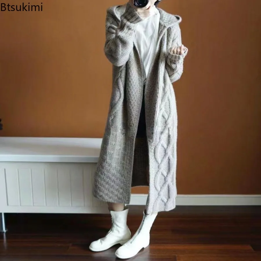 Autunno Inverno nuove donne cardigan maglione cappotti lavorati a maglia con cappuccio tinta unita jacquard manica lunga cardigan lunghi moda allentata