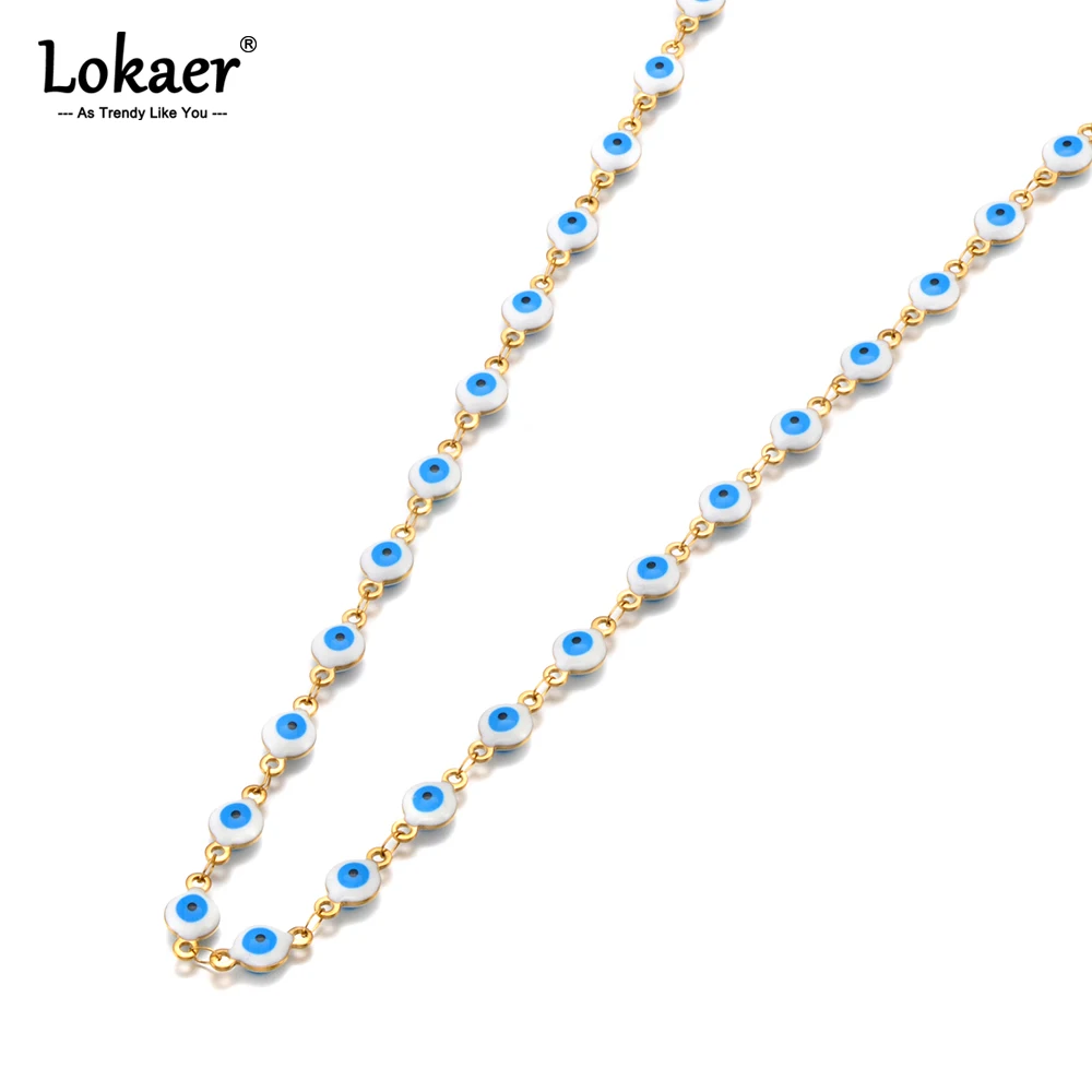 Lokaer Women's Blue Turkish Evil Eyes Necklace for Women Fashion Gold Color Stainless Steel Necklaces Enamel Bead Jewelry N25170