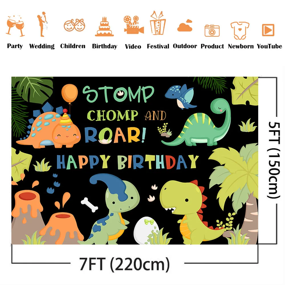 Fondo con temática de jungla de dinosaurio de acuarela, Fondo de fotografía de feliz cumpleaños, suministros de fiesta de cumpleaños de dinosaurio