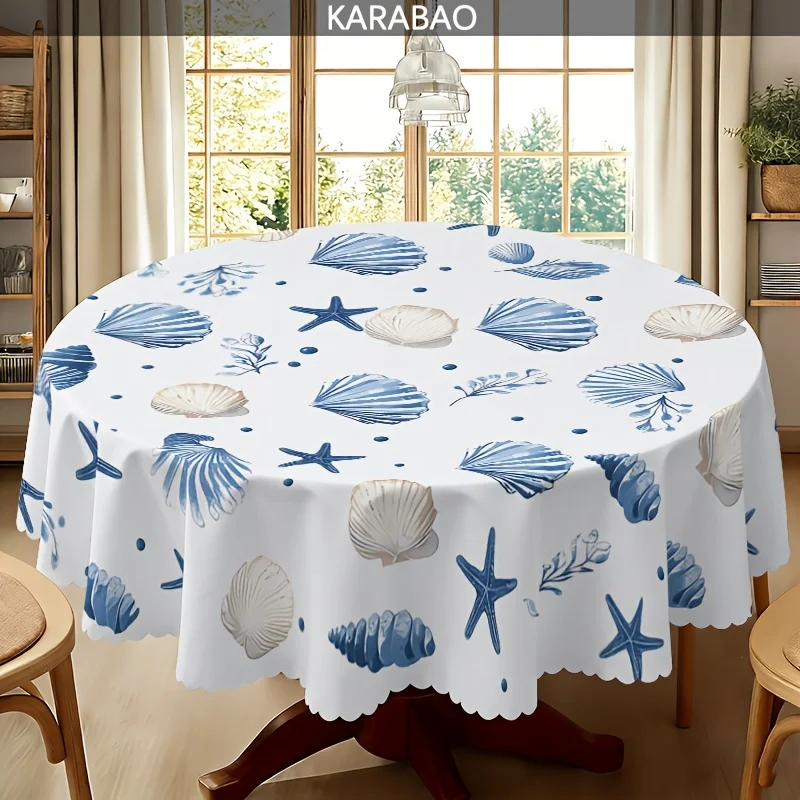 Ocean breeze shell starfish pattern round tablecloth, in blue and white colors, fresh and natural.