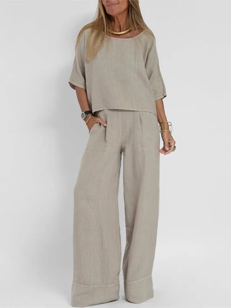 2024 de lino y algodón para mujer, Top informal de manga corta con cuello redondo y pantalones de pierna ancha, moda de verano