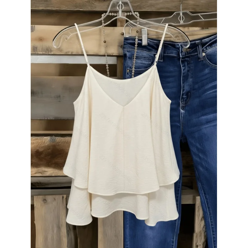 Women's New Summer Casual Simple Solid Color Double-layer Design Loose Camisole Evening Dresses Bandage Maxi Clothing