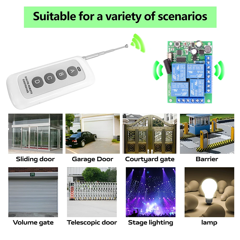 RF 433MHz Wireless Remote Control Switch AC110V 220V 10A 4CH Relay Receiver and 500m Transmitter for Gate Garage Door LED Motor