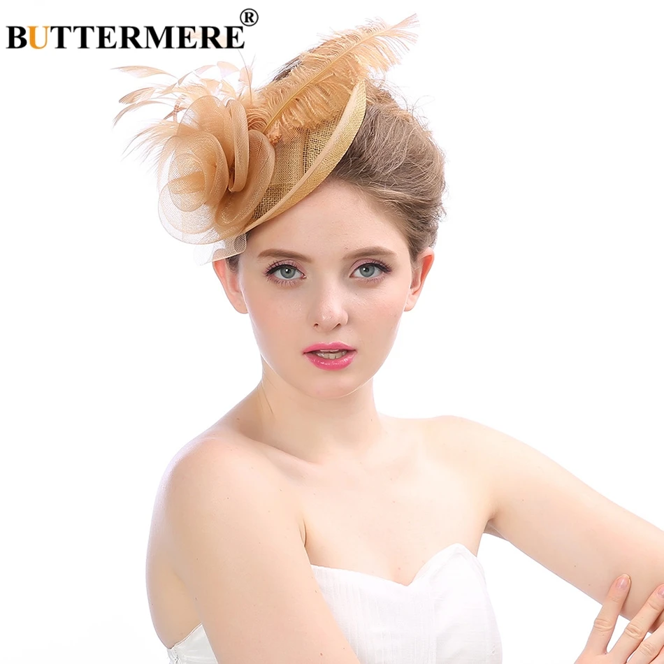 BUTTERMERE Women Party Hat Coffee Fedoras Ladies Feather Elegant Cap Flower Mesh Bride Hat Dance Fashion Wedding Hats White Blue