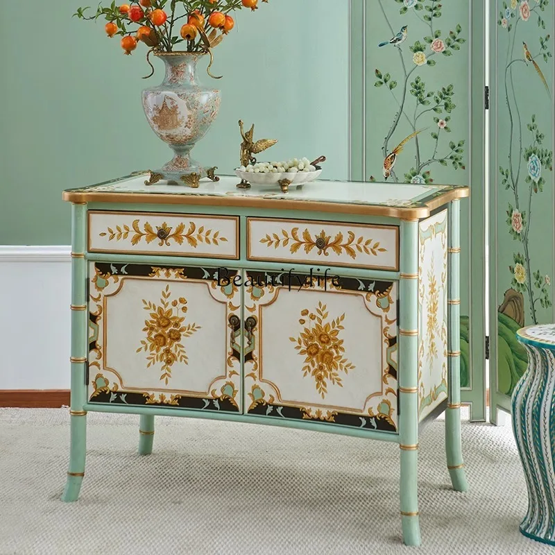 

02*French Chinese style entrance decorative cabinet European art painted solid wood dining side cabinet